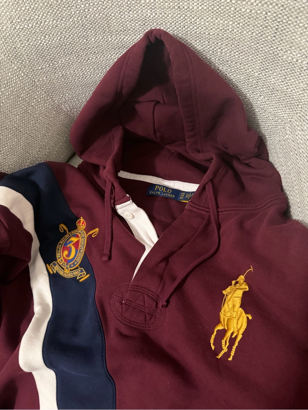 Ralph Lauren Men's Burgundy Hooded Rugby Sweatshirt with Navy & White Panels